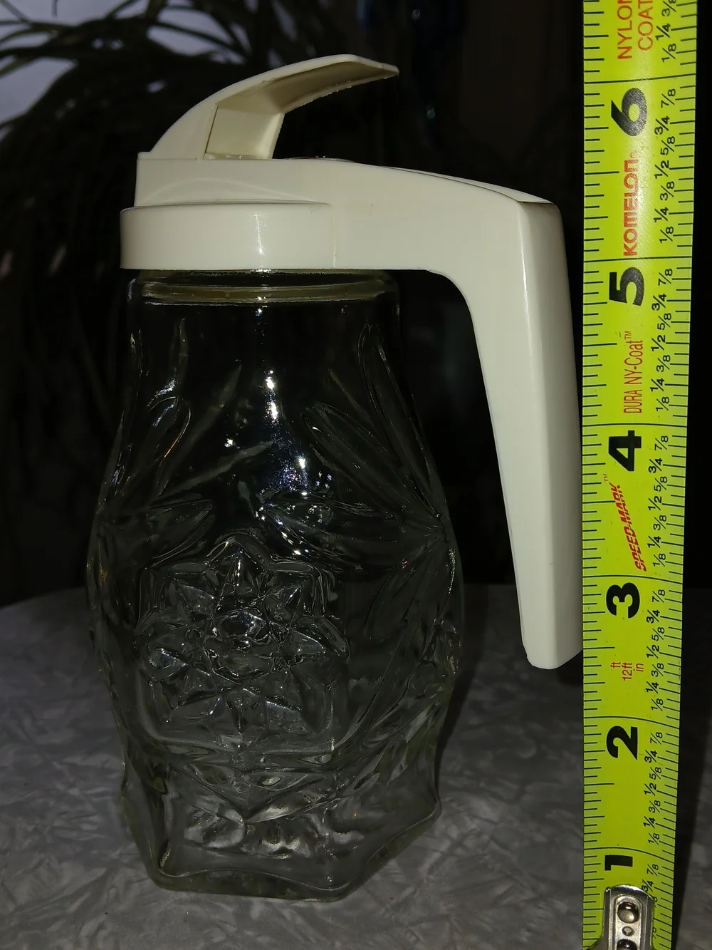 Vintage Clear Pressed Glass Syrup Pitcher with Cream Plastic Lid - Picture 2 of 5